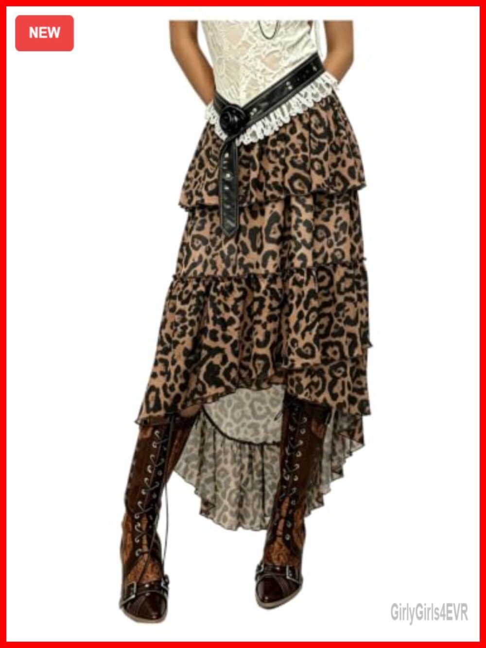 Leopard Asymmetrical Ruffle Skirt High Waist A-Line Flowy Western
